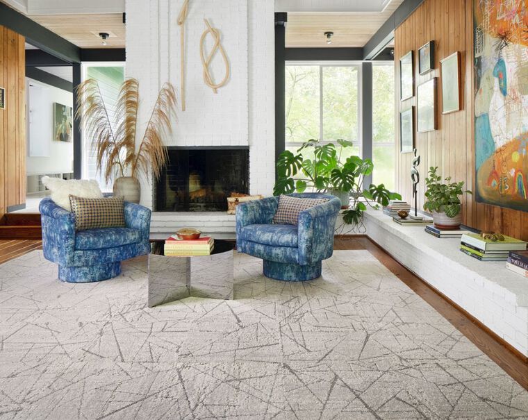 Living room with FLOR area rug Chasing Pavement in Chalk/Silver